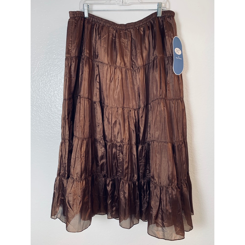 DG2 by Diane Gilman Tiered Silk Maxi Skirt Women XL Chocolate Brown Boho NWT